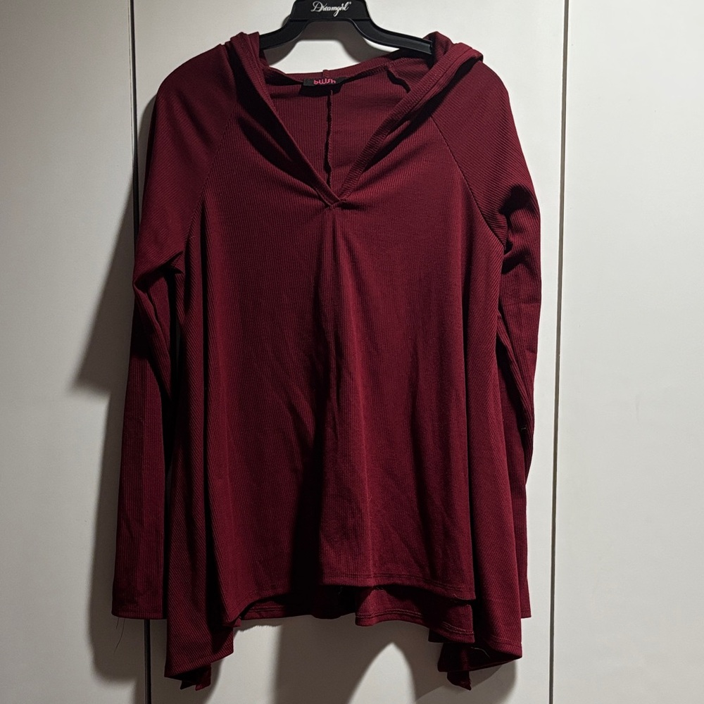 Blush Burgundy Hooded Waffle Knit Top Women’s Long Sleeve V-Neck Tunic Size M